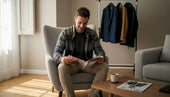Ένας άνδρας ενημερώνεται για τις τελευταίες τάσεις της μόδας χαλαρώνοντας στο σαλόνι του.