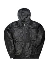 Ανδρικό μπουφάν με κουκούλα και γούνινη επένδυση GUF-H206-B-dermatine jacket μαύρο