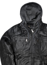 Ανδρικό μπουφάν με κουκούλα και γούνινη επένδυση GUF-H206-B-dermatine jacket μαύρο