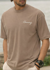 HENRY CLOTHING Ανδρική κοντομάνικη μπλούζα camel Henry Calligraphy 3-633-brown