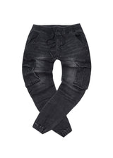 Ανδρικό κάργκο παντελόνι τζιν με λάστιχο - GUF - BK-378 - slim fit cargo jeans elasticated μαύρο