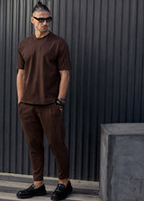 HENRY CLOTHING Ανδρική κοντομάνικη μπλούζα καφέ linen oversized 9-001-brown