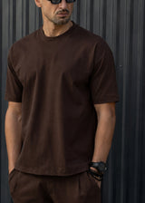 HENRY CLOTHING Ανδρική κοντομάνικη μπλούζα καφέ linen oversized 9-001-brown