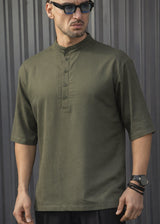 HENRY CLOTHING Ανδρικό κοντομάνικο πουκάμισο χακί mao 9-041-khaki