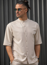 HENRY CLOTHING - Ανδρικό κοντομάνικο πουκάμισο μάο - μπεζ 9-100
