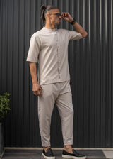 HENRY CLOTHING - Ανδρικό κοντομάνικο πουκάμισο μάο - μπεζ 9-100