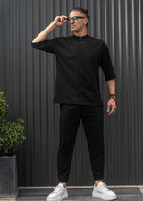 HENRY CLOTHING - Ανδρικό κοντομάνικο πουκάμισο μάο - μαύρο 9-100