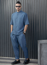 HENRY CLOTHING - Ανδρικό κοντομάνικο πουκάμισο μάο - μπλε ραφ 9-100