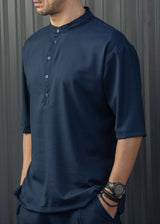 HENRY CLOTHING Ανδρικό κοντομάνικο πουκάμισο μάο σκούρο μπλε 9-140-blue