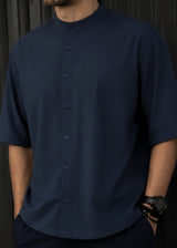 HENRY CLOTHING - Ανδρικό κοντομάνικο πουκάμισο mao - Μπλε σκούρο 9-146