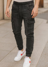 Ανδρικό κάργκο παντελόνι τζιν με λάστιχο - GUF - BK-378 - slim fit cargo jeans elasticated μαύρο
