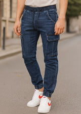 Ανδρικό κάργκο παντελόνι τζιν με λάστιχο - GUF - BK-382 - slim fit cargo jeans elasticated μπλε