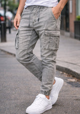 Ανδρικό κάργκο παντελόνι τζιν με λάστιχο-GUF-BK433-slim fit cargo jeans elasticated γκρι