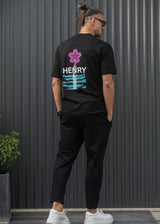 Ανδρική κοντομάνικη μπλούζα Henry clothing - 3-702 - pink flower t- shirt μαύρο