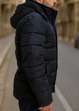 Ανδρικό μπουφάν με αποσπώμενη κουκούλα GUF-22068-hooded puffer μπλε