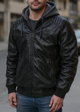 Ανδρικό μπουφάν με επένδυση και αποσπώμενη κουκούλα GUF-H205B- leatherette μαύρο