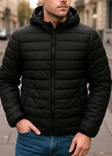 Ανδρικό ανοιξιάτικο μπουφάν με κουκούλα GUF - JD28 - simple ελαφρύ puffer μαύρο