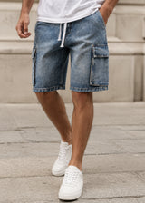 Ανδρική βερμούδα κάργκο τζιν GUF - PC-7133 - cargo jeans regular fit shorts μπλε