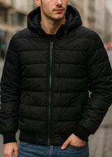 Ανδρικό μπουφάν με κουκούλα και γούνινη επένδυση GUF - R2206 - black puffer μαύρο