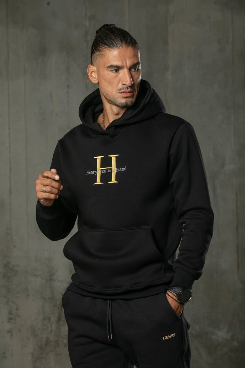 Henry clothing - 3-502 - large gold logo hoodie - black