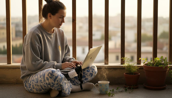 Woman reading clothing reviews on balcony