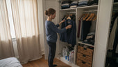 Woman organizing wardrobe in city bedroom