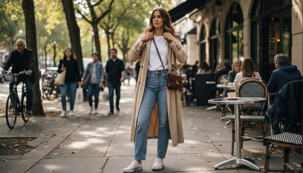 Woman in stylish casual outfit on city street