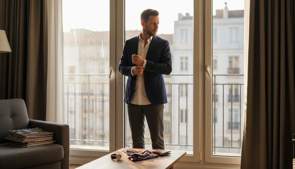 Man adjusts blazer by sunny window