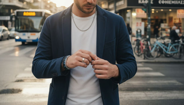 Ένας άνδρας περιποιείται τα δαχτυλίδια και τα βραχιόλια του καθώς περιμένει στο φανάρι σε μια διασταύρωση της πόλης.