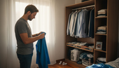 Ένας άνδρας τακτοποιεί τα ρούχα του σε μια ανοιχτή ντουλάπα.