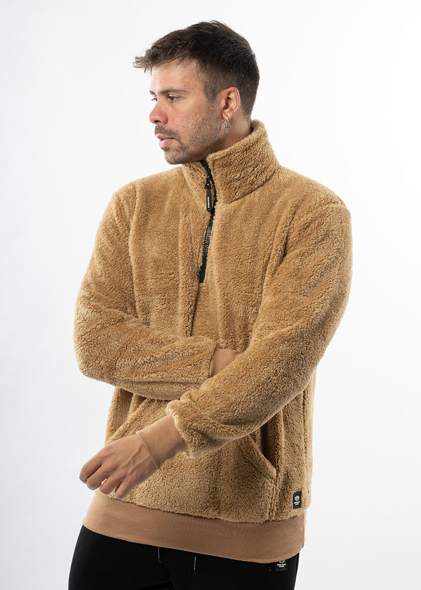 Ανδρική φούτερ με κολάρο New wave clothing-232-39- half zip sherpa design σκούρο μπεζ