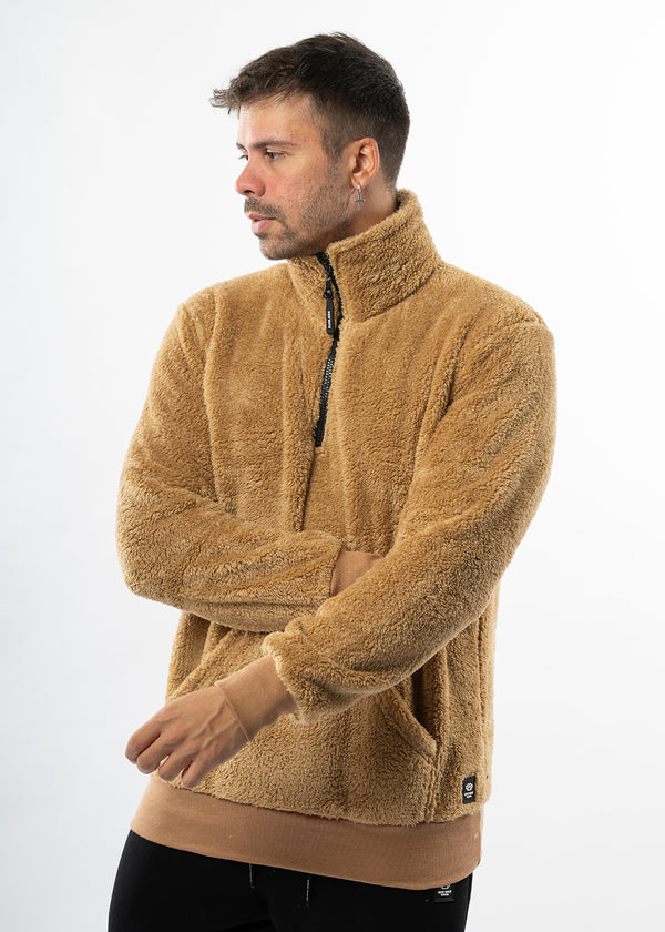 Ανδρική φούτερ με κολάρο New wave clothing - 232-39 - half zip sherpa design σκούρο μπεζ