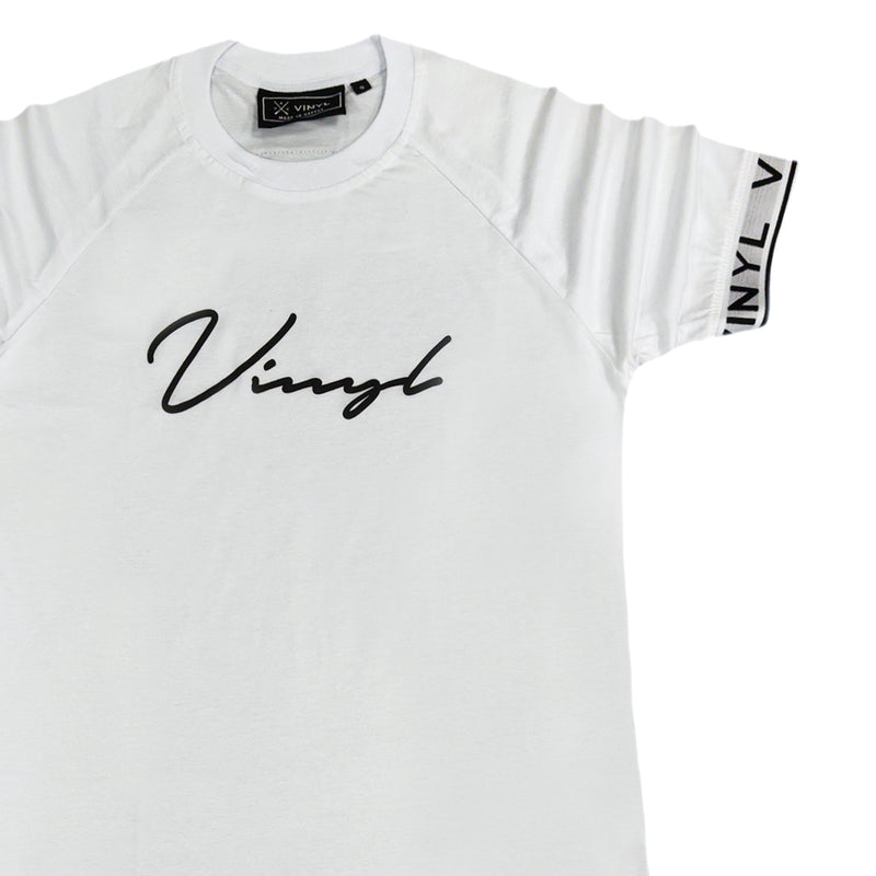 Vinyl art clothing tape cuff signature t-shirt - white