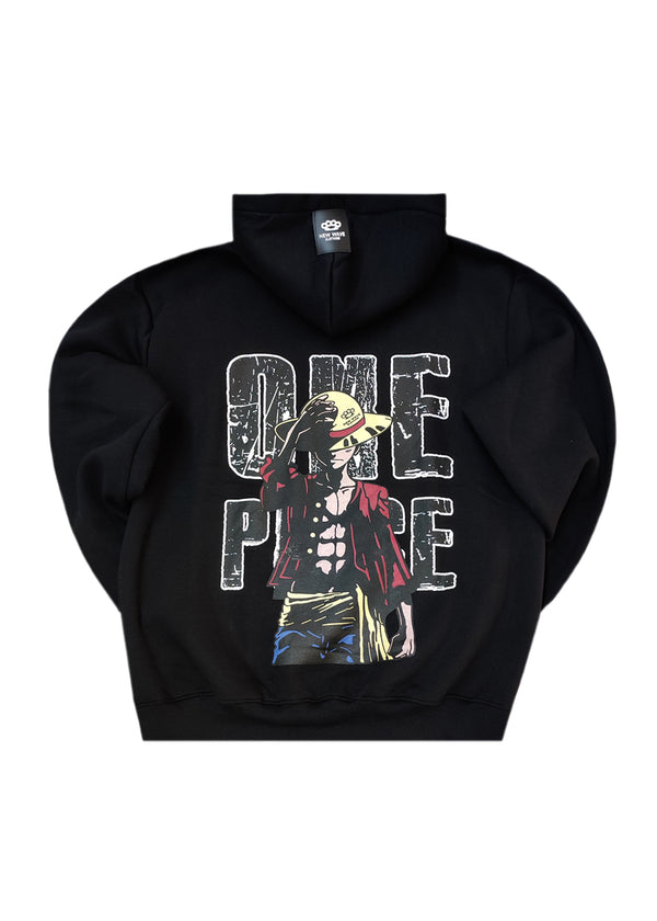 Ανδρικό φούτερ με κουκούλα New wave clothing -252-17-Black hoodie- Luffy with hat-Μαύρη