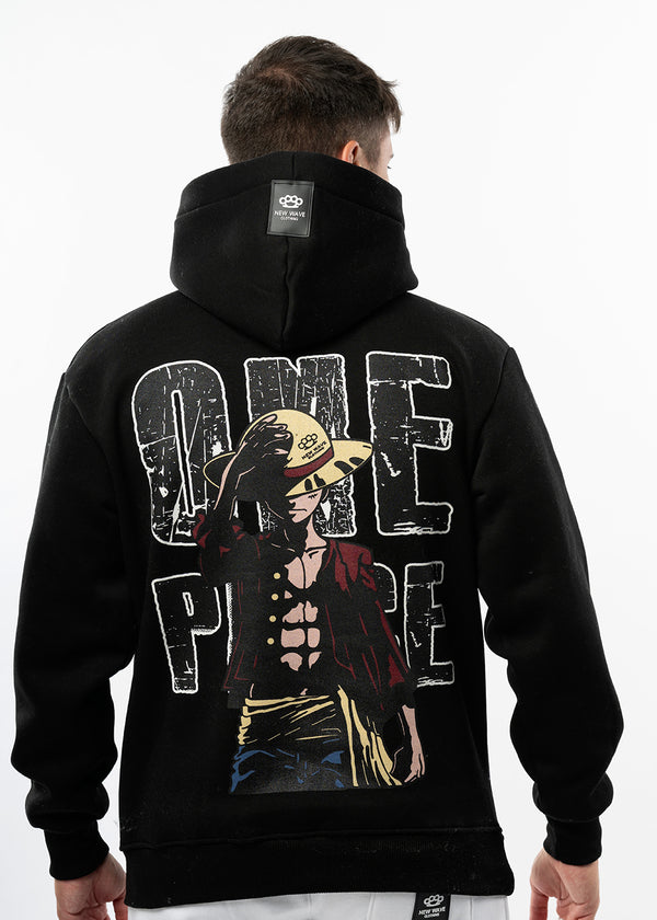 Ανδρικό φούτερ με κουκούλα New wave clothing -252-17-Black hoodie- Luffy with hat-Μαύρη