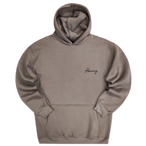 Ανδρικό μακρυμάνικο φούτερ με κουκούλα Henry clothing - 3-513 - oversized calligraphy logo καφέ