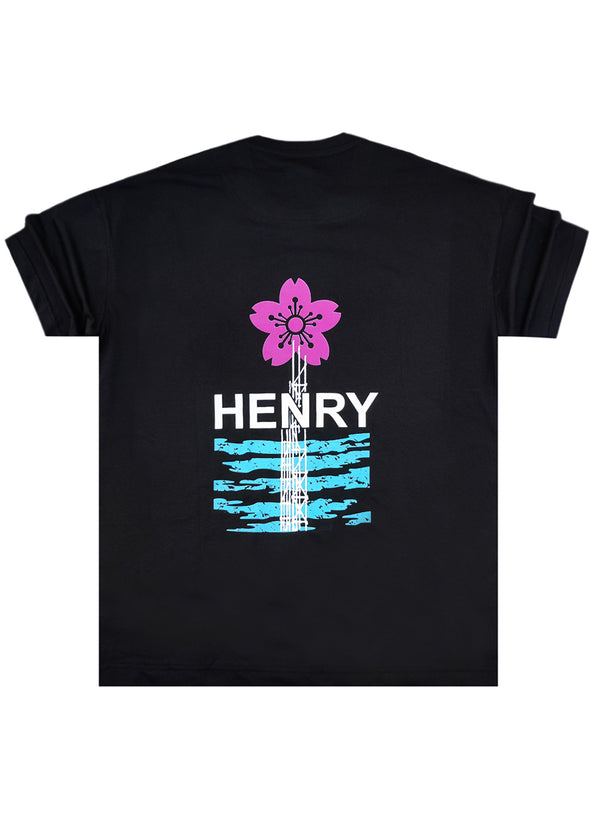 Ανδρική κοντομάνικη μπλούζα Henry clothing - 3-702 - pink flower t- shirt μαύρο