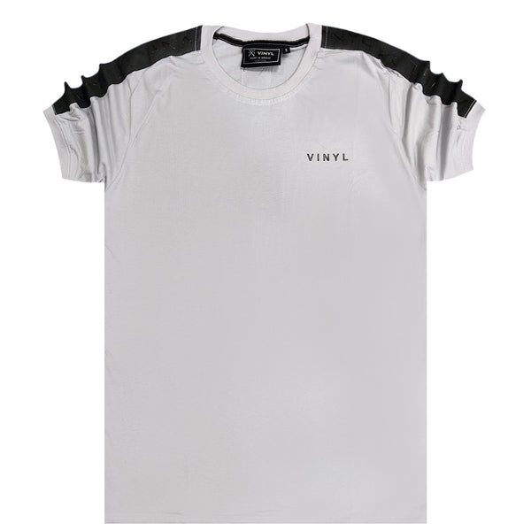 Vinyl art clothing t-shirt with logo tape - beige