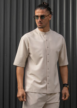 HENRY CLOTHING - Ανδρικό κοντομάνικο πουκάμισο μάο - μπεζ  9-100