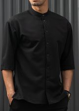 HENRY CLOTHING - Ανδρικό κοντομάνικο πουκάμισο μάο - μαύρο  9-100