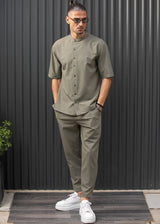 HENRY CLOTHING - Ανδρικό κοντομάνικο πουκάμισο μάο - χακί  9-100