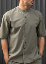 HENRY CLOTHING - Ανδρικό κοντομάνικο πουκάμισο μάο - χακί  9-100