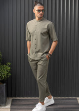 HENRY CLOTHING - Ανδρικό κοντομάνικο πουκάμισο μάο - χακί  9-100