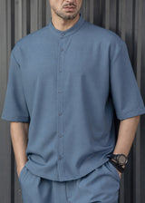 HENRY CLOTHING - Ανδρικό κοντομάνικο πουκάμισο μάο - μπλε ραφ  9-100
