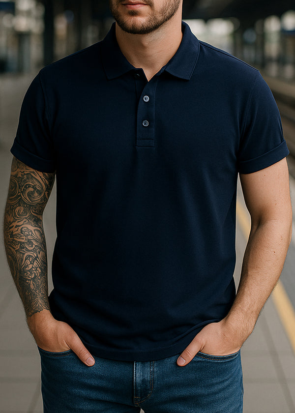 Κοντομάνικη μπλούζα τύπου πόλο GUF - DB-160-5 - basic polo slim fit tee μπλε σκούρο
