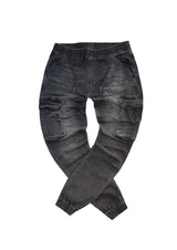 Ανδρικό κάργκο παντελόνι τζιν με λάστιχο-GUF-BK-378-slim fit cargo jeans elasticated μαύρο