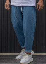 Ανδρικό παντελόνι Henry clothing - 8-110 - simple pants τύπου τζιν με κορδόνι στην μέση μπλε ανοιχτό