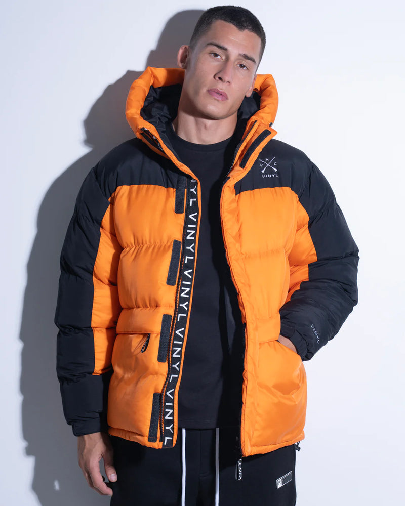 Orange vinyl puffer jacket hotsell