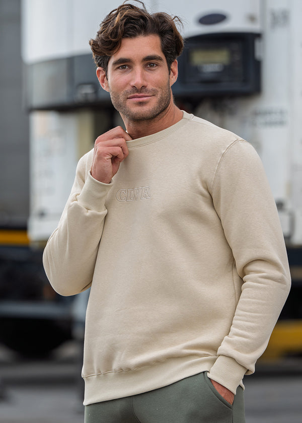 Ανδρικό μακρυμάνικο φούτερ Clever - CF-25300 - basic clever logo regular fit μπεζ
