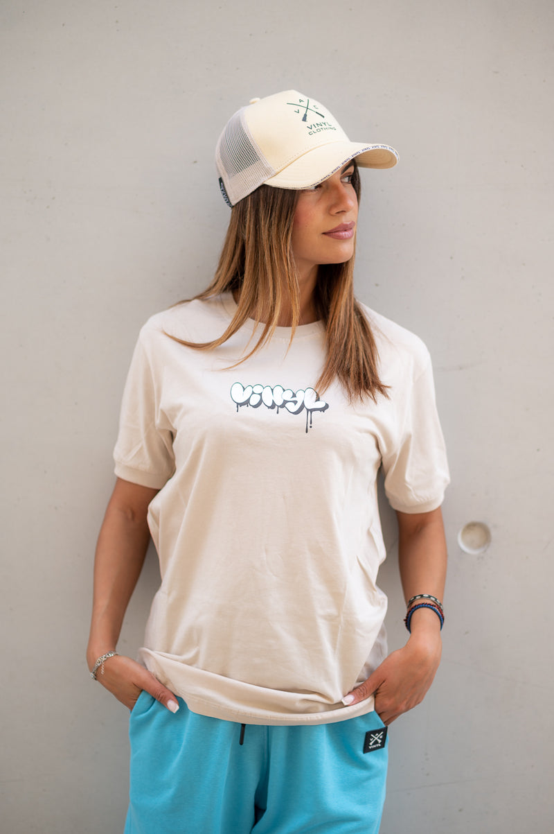 Vinyl art clothing - 10476-77-W - graffiti logo t-shirt - beige